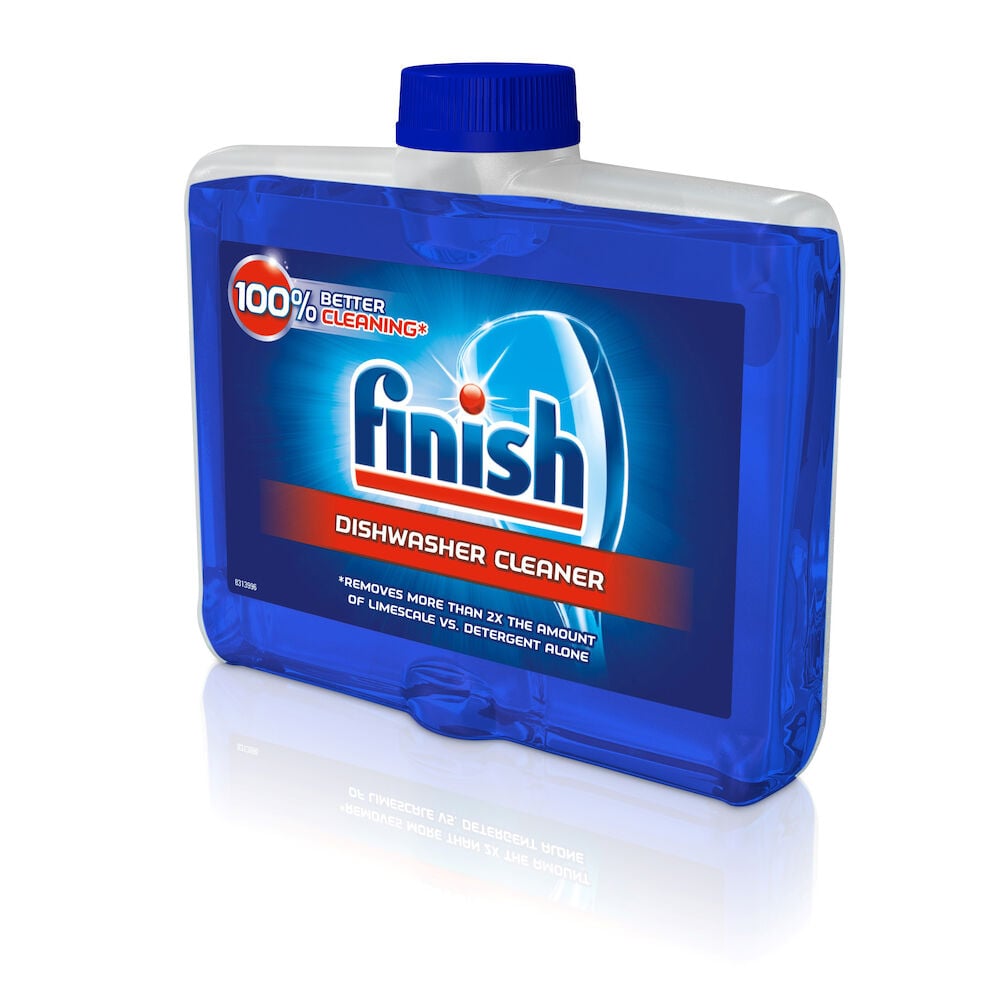 Sininen muovipullo Finish-astianpesukoneen puhdistusainetta etiketillä.