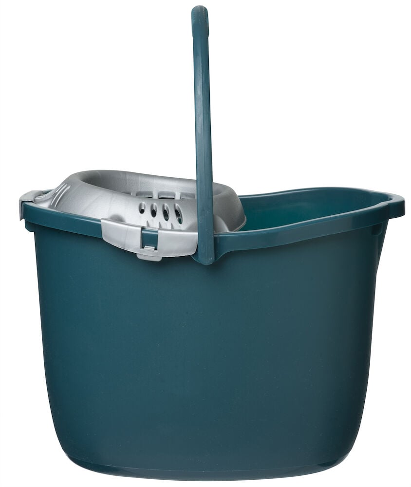 Blaue Mopp-Eimer aus Kunststoff mit Auswringer und Griff.
