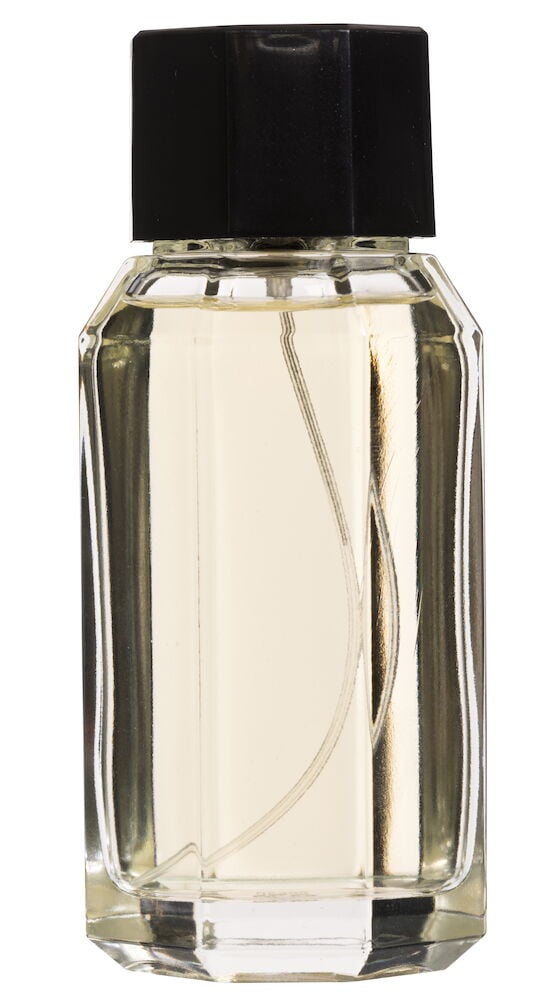 Rechteckige Parfümflasche mit schwarzem Verschluss.
