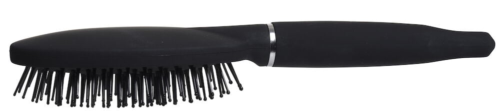 Musta hiusharja, jossa ergonominen otteen tarjoava kahva.