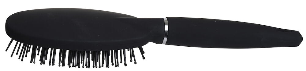 Musta hiusharja, jossa on ergonominen kahva ja muovinastat.