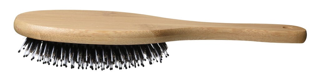 Hårbørste med bambushåndtak og svarte børstepinner.
