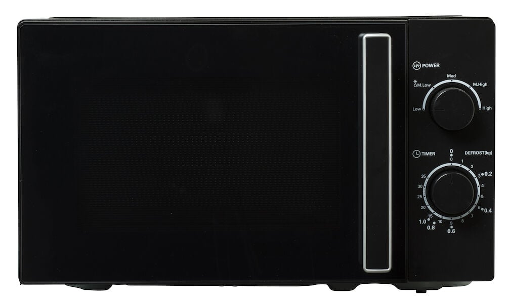 Svart mikrovågsugn med två rattar och handtag.