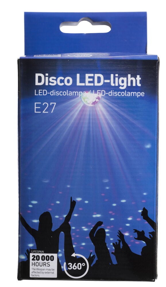 Blå förpackning med disco LED-lampa och dansande siluetter.