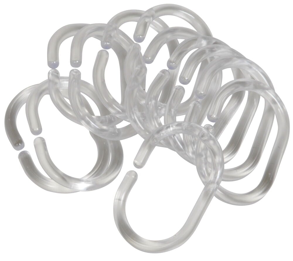 Tolv transparenta C formade duschdraperiringar i plast.