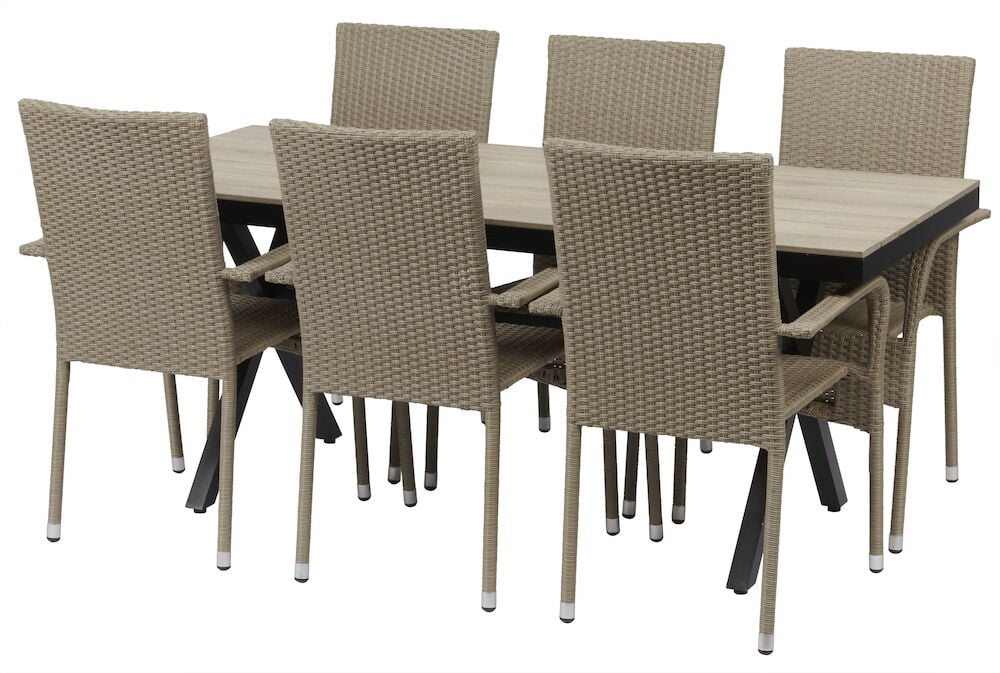 Suorakulmainen musta pöytä kuudella punotulla tuolilla.