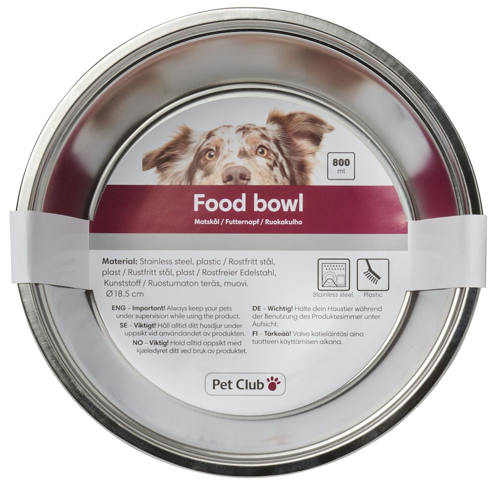 Rund matskål i rostfritt stål med etikett.