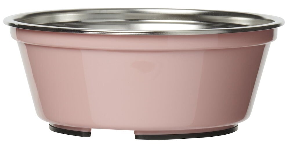 Rosa matskål i rostfritt stål med plasthölje.