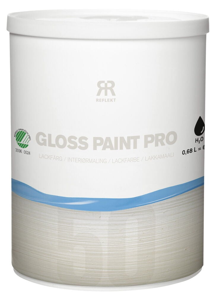 Valkoinen purkki, jossa on puolikiiltävän sisämaalin etiketti.