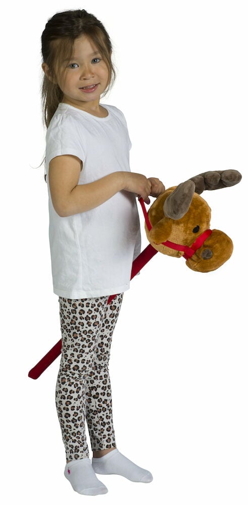 Tyttö pitää keppihevosen puhtaana punaisilla kangasohjilla.