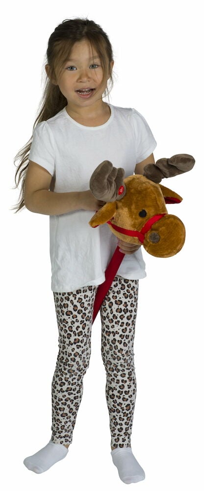 Tyttö pitää keppihevosen puhtaana punaisilla kangasyksityiskohdilla.