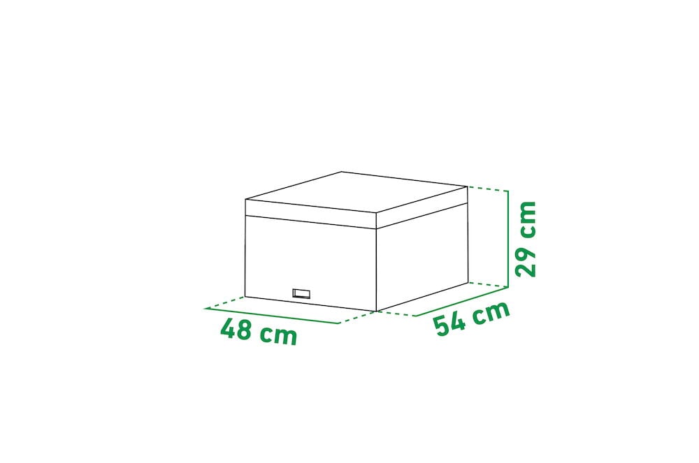 Rektangulær oppbevaringsboks med lokk og målangivelser.