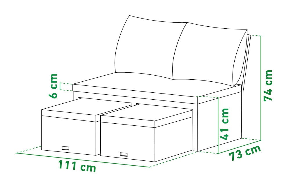 Svart-hvitt tegning av loungesofa med to skuffer foran.