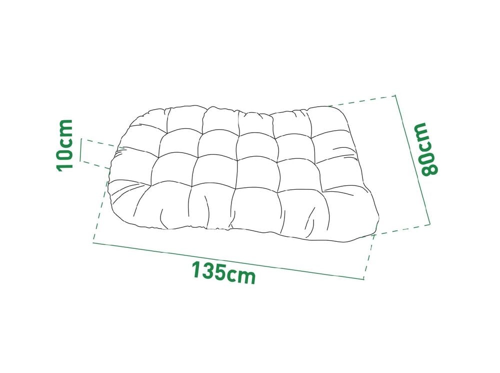 Ruutukuvioitu harmaa istuintyyny tarkasti määritellyillä mitoilla.