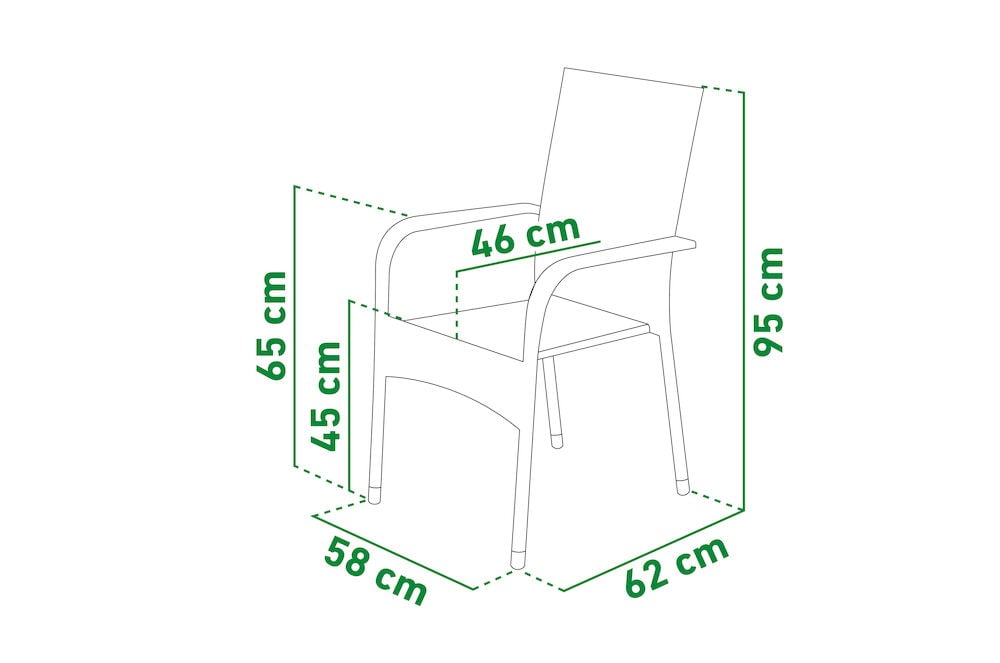 Stuhl mit Armlehnen und angegebenen Maßen in Zentimetern.