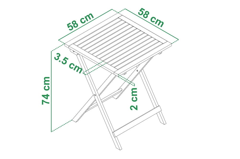 Taitettava neliönmuotoinen puinen puutarhapöytä säleillä.