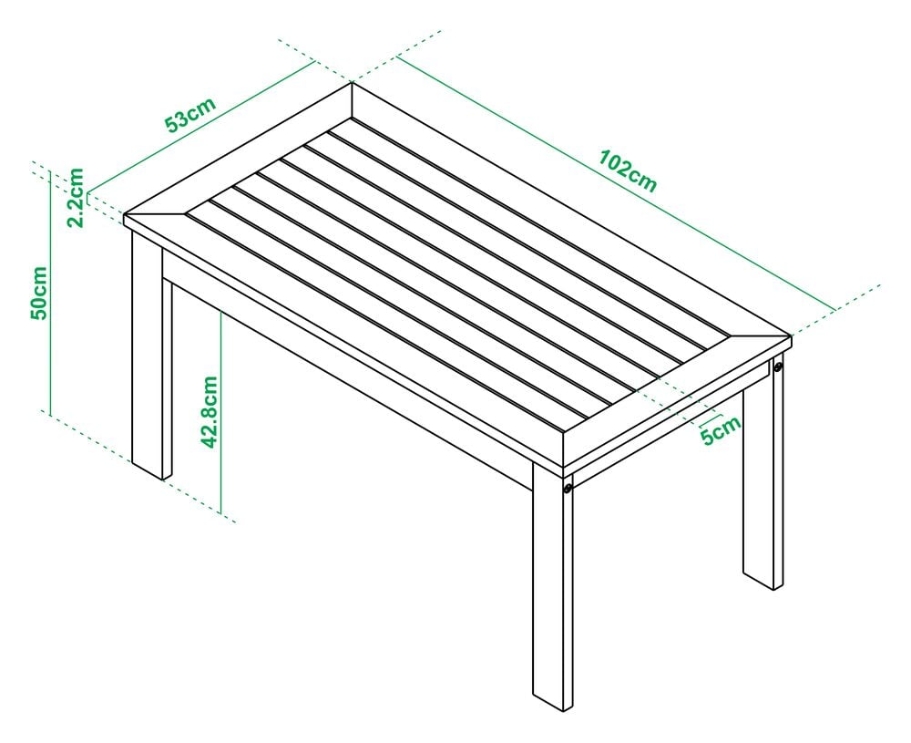 Suorakulmainen ulkopöytä puusta, jossa on rimoitettu pöytälevy.