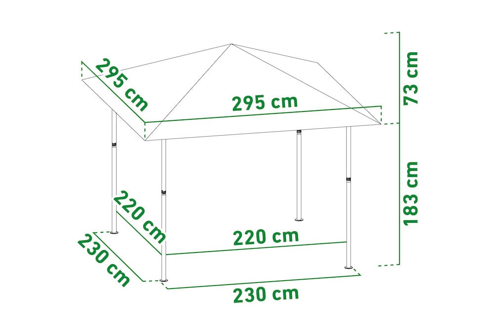 Tegning av paviljong med mål i centimeter.
