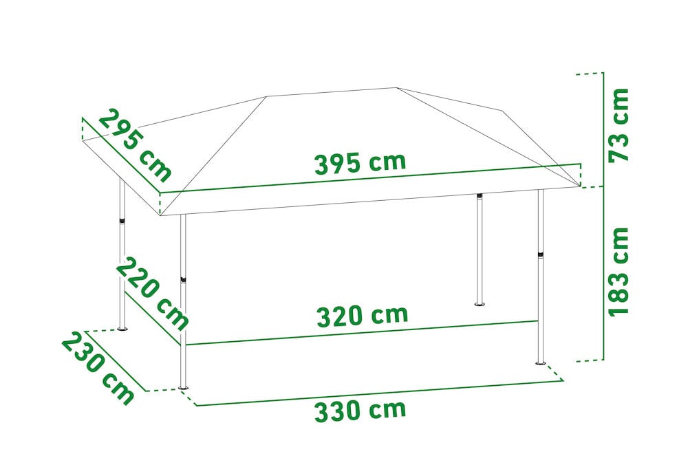 Svart-hvitt tegning av paviljong med mål i centimeter.