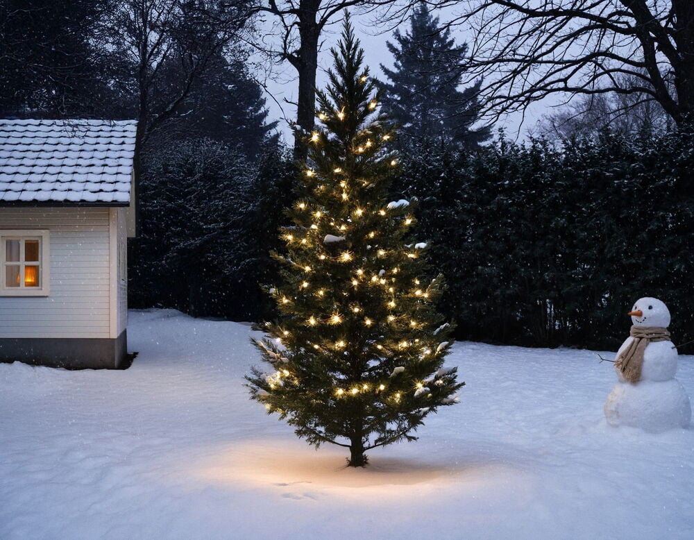 Ljusslinga Glänsa 8 m, 81 LED Varmvit dekorerar en julgran utomhus i en snöig vinterscen.