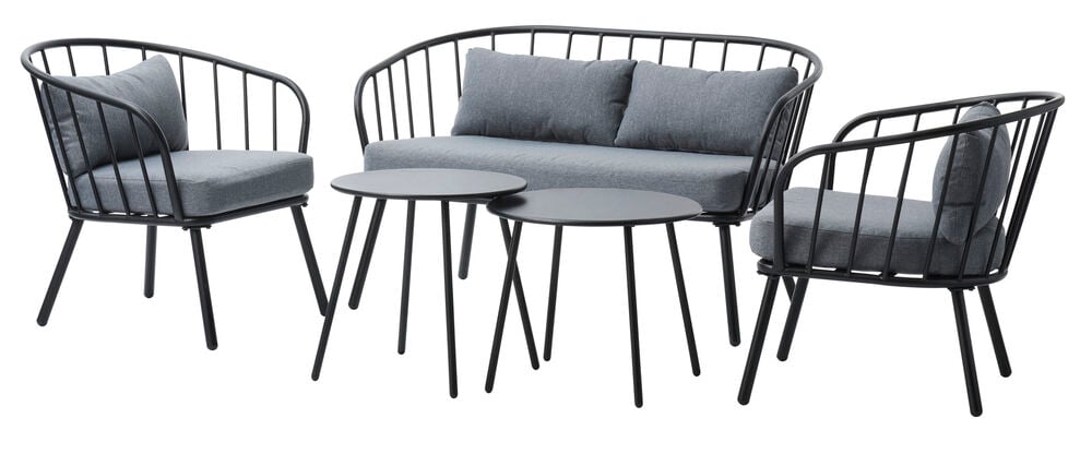 Kaksi mustaa pyöreää terässohvapöytää.