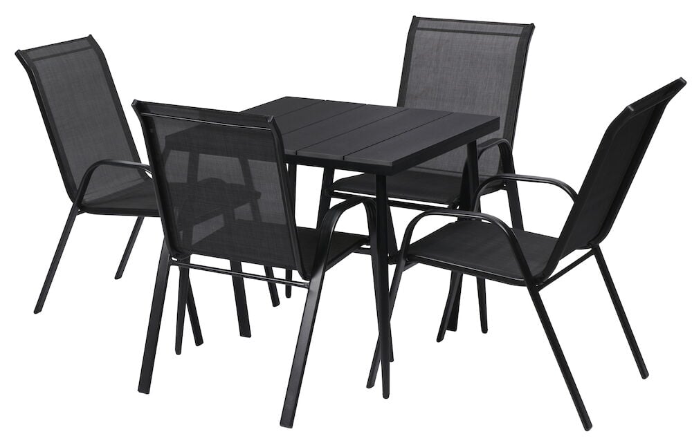 Svart fyrkantigt cafébord med fyra matchande stolar.