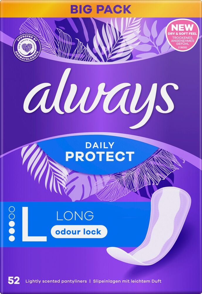 Lilla Always Daily Protect Long truseinnlegg 52-pk med odour lock og bladmønster.