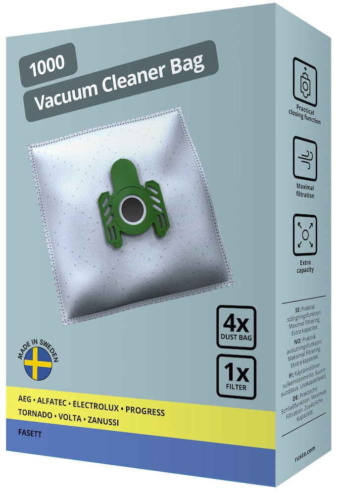 Förpackning med dammsugarpåse och grönt plastfäste.