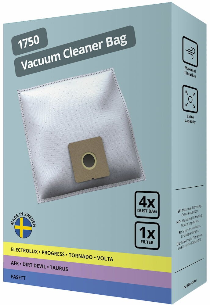 En förpackning med fyra dammsugarpåsar och ett filter.