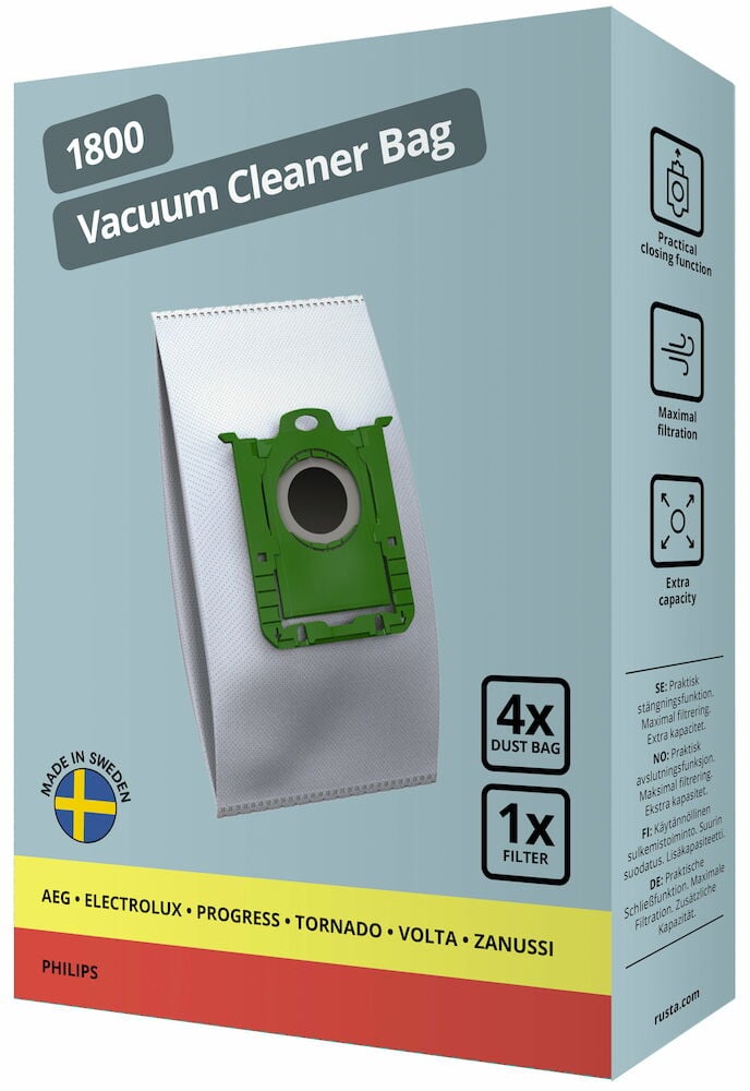 Förpackning med fyra dammsugarpåsar och ett grönt fäste.