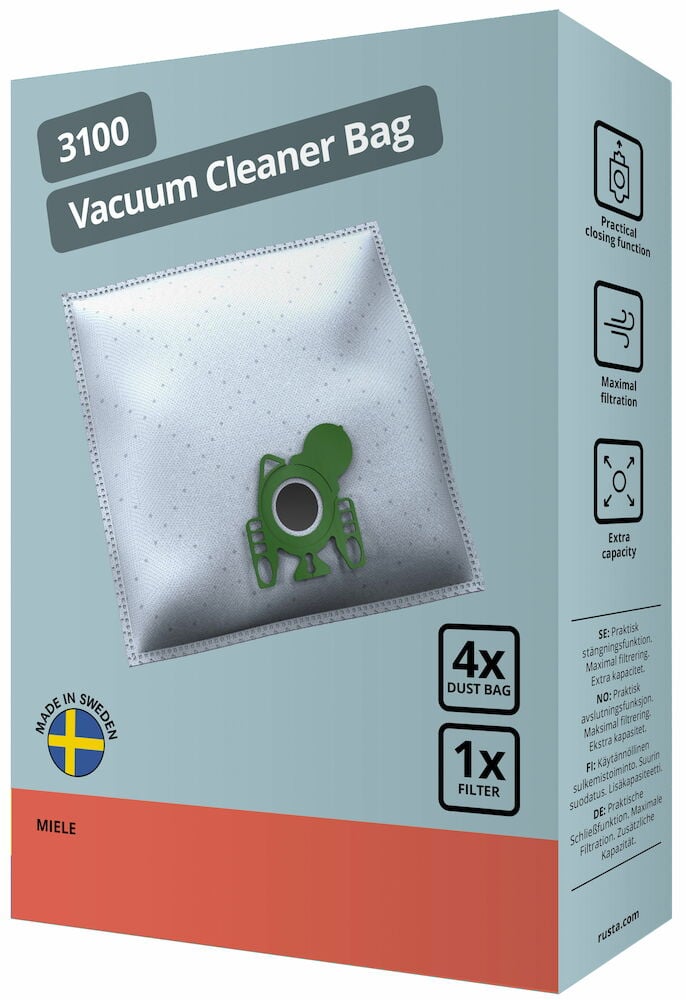 Förpackning med dammsugarpåsar och grön plastadapter.