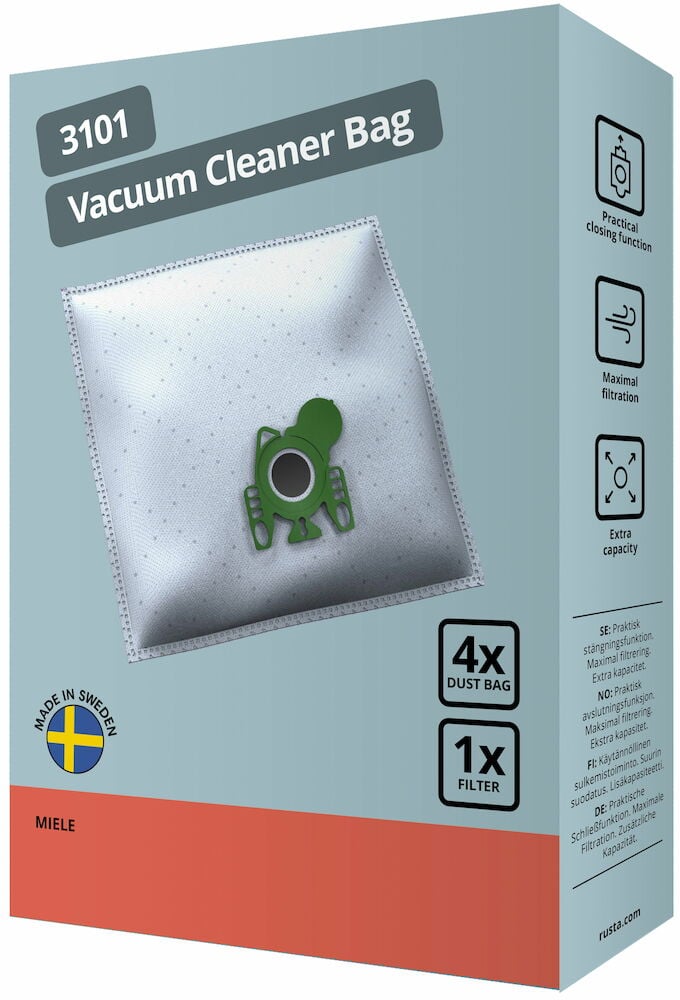 Förpackning med dammsugarpåsar och grönt plastfäste.