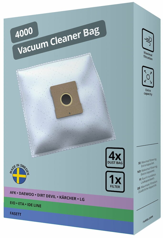 Blå förpackning med dammsugarpåse och filterillustration.