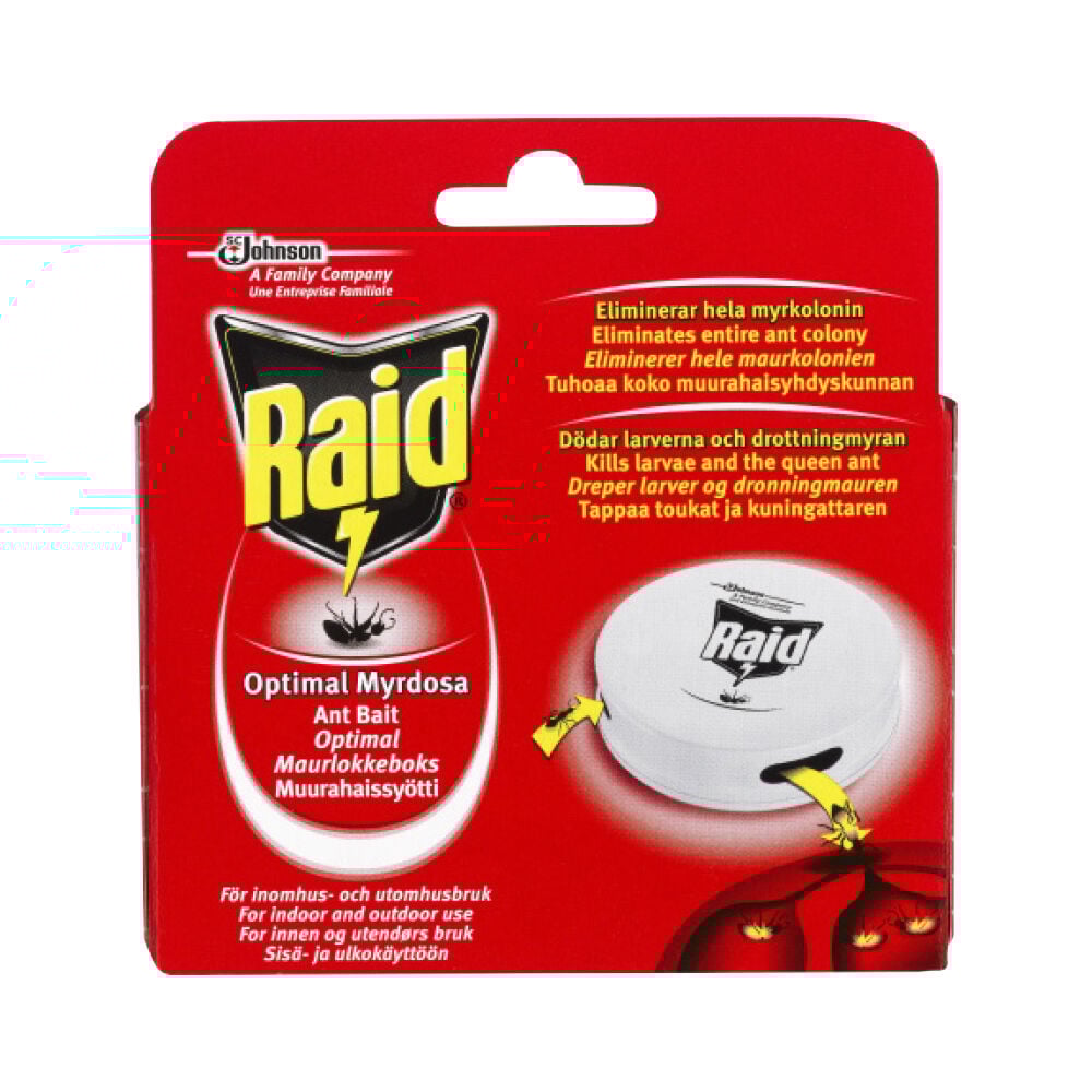 Punainen pakkaus, jossa on pyöreä valkoinen Raid-muurahaisrasia.