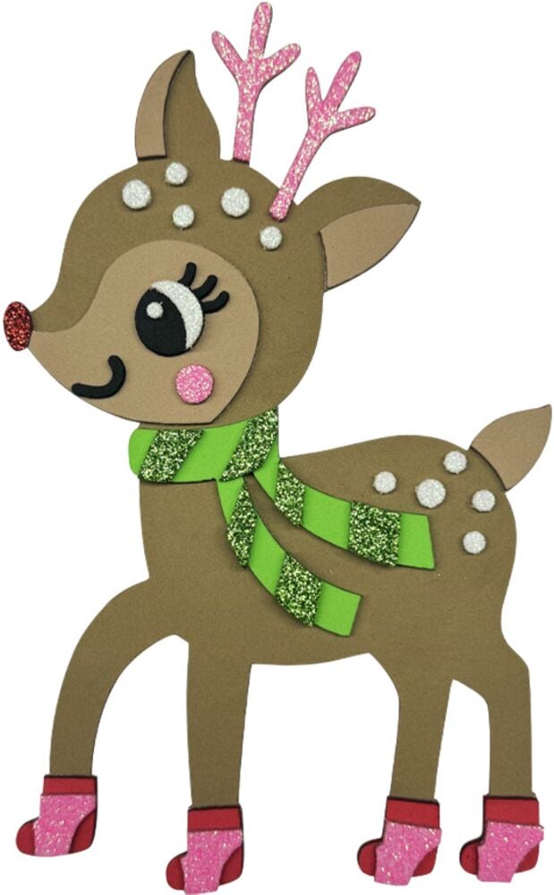 Bastelset Foamstickers 3 er-Pack: Brauner Rentier-Foamsticker mit pinkfarbenem Glitzergeweih, grünem Schal und pinkfarbenen Glitzerstiefeln.