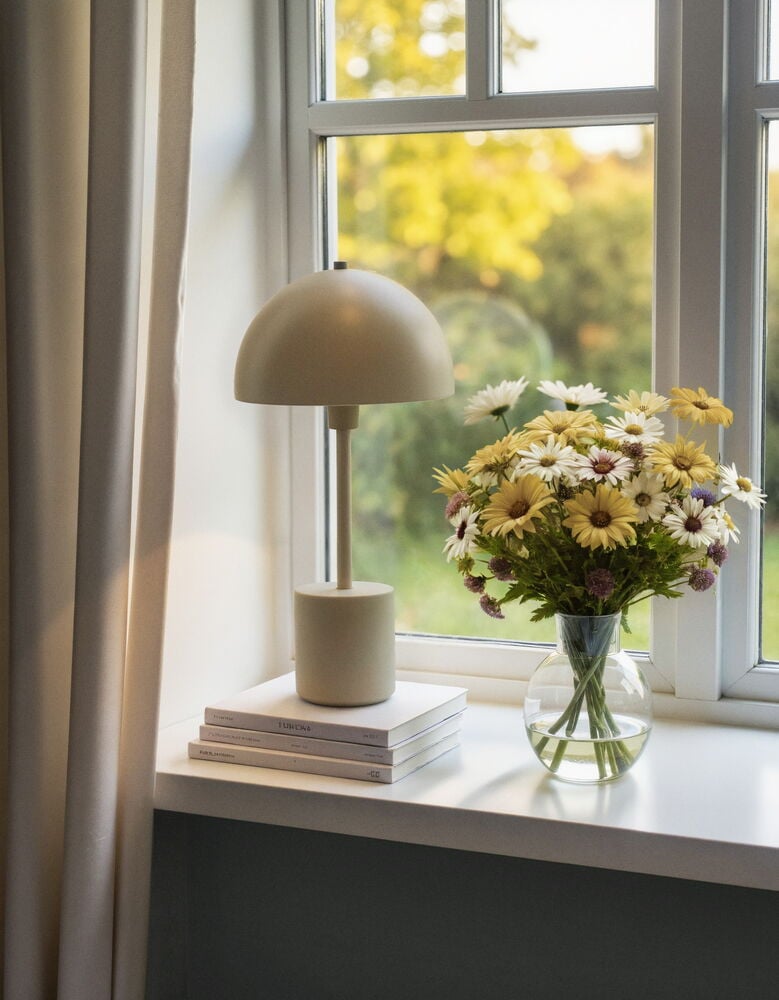 Beige pöytälamppu ja maljakko kukilla ikkunalaudalla.