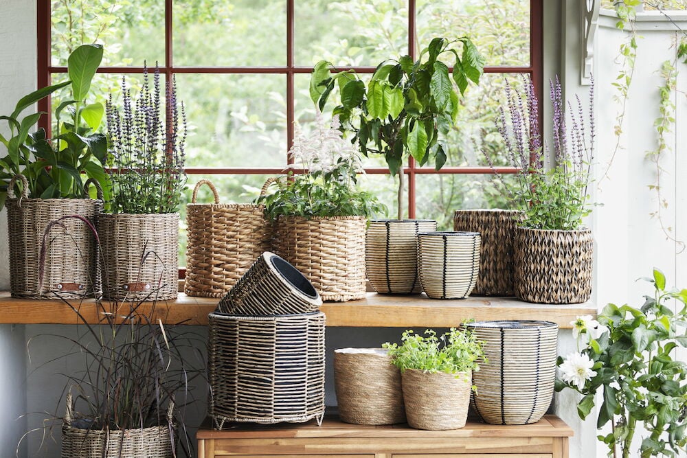 To runde potter i kunstrotting med grønne planter.