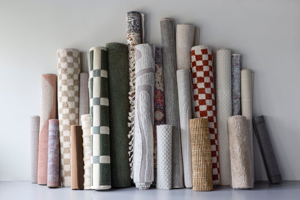 Aufgestellte gerollte Teppiche in verschiedenen Farben und Mustern.