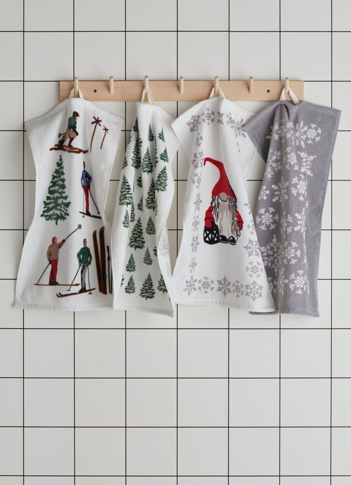 Handtuchhalter aus Buchenholz mit fünf aufgehängten Handtüchern.