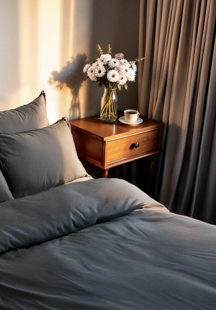 Graniitinharmaa pussilakanasetti sängyllä tyynyineen.