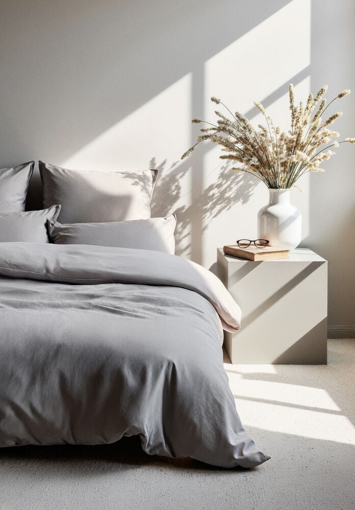 Graues Bettwäsche-Set aus Polyester auf einem gemachten Bett.