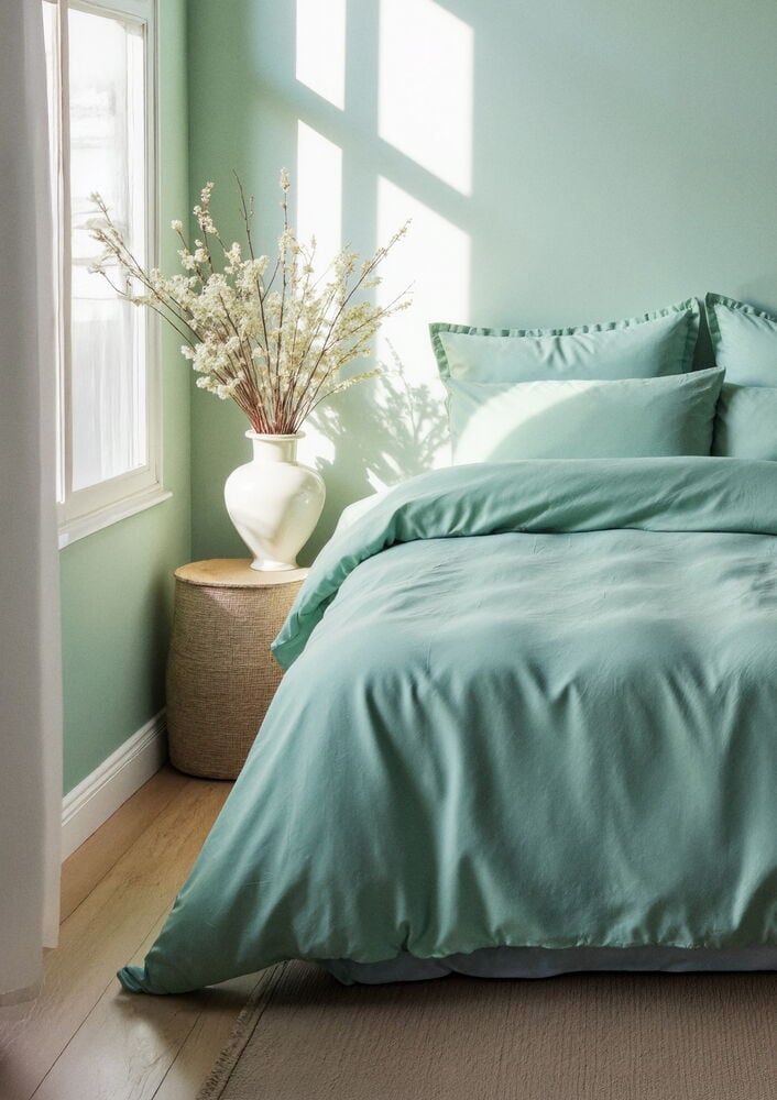 Pastellinvihreä pussilakanasetti pedatulla sängyllä aurinkoisessa huoneessa.