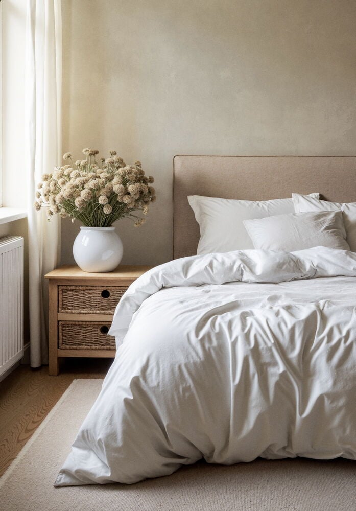 Vitt påslakanset i bomull på bäddad säng.