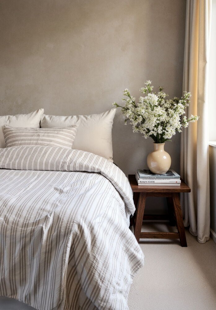 Raidallinen beige pussilakanasetti pedatulla sängyllä.