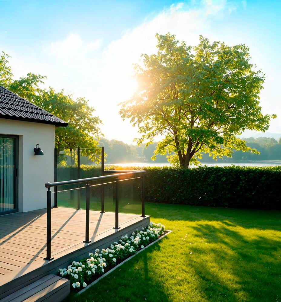 Transparent glassgjerde 70x100 cm med svarte stolper og rekkverk på treterrasse med utsikt over innsjø ved solnedgang.