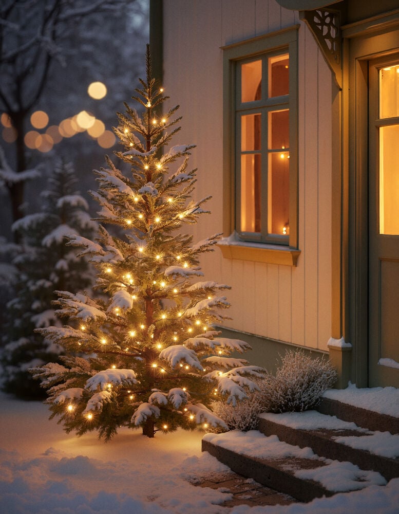 Valoketju Twinkle 10 m, 201 LED Lämmin valkoinen valaisee lumipeitteisen havupuun.