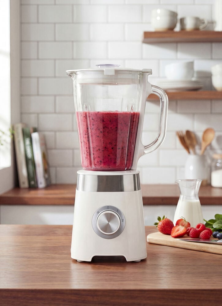 Kerma Tehosekoitin 1,5 litraa 500W BT26 marjasmoothiella, maidolla ja tuoreilla marjoilla puukeittiön työtasolla.
