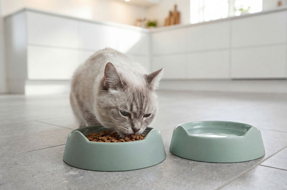 Kissa syö vihreästä Ø15 cm muovisesta ruokakupista, vieressään samanlainen vesikuppi.