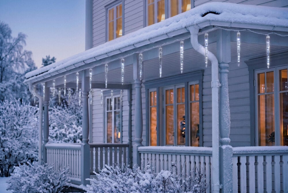Lichterkette Eiszapfen 3 m, 200 LED Kaltweiß hängt an schneebedeckter Hausveranda mit warmen Fensterlichtern.