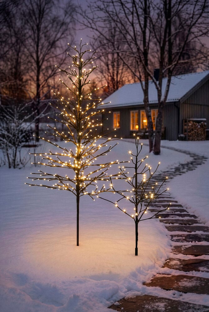 Kaksi LED-valopuuta lumessa, isompi Valopuu 90 cm, 52 LED Lämmin valkoinen, valaisee lumista polkua.